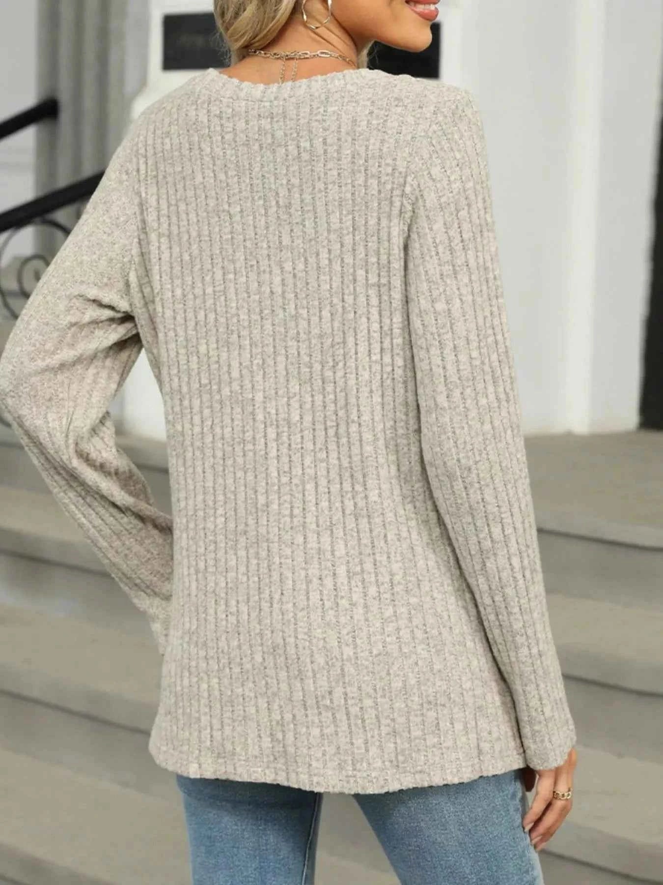 Ribbed Round Neck Long Sleeve Top