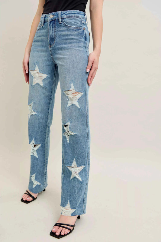 Judy Blue Full Size High Waist Rigid Magic Star Shaped Destroy 90's Straight Jeans Plus Size