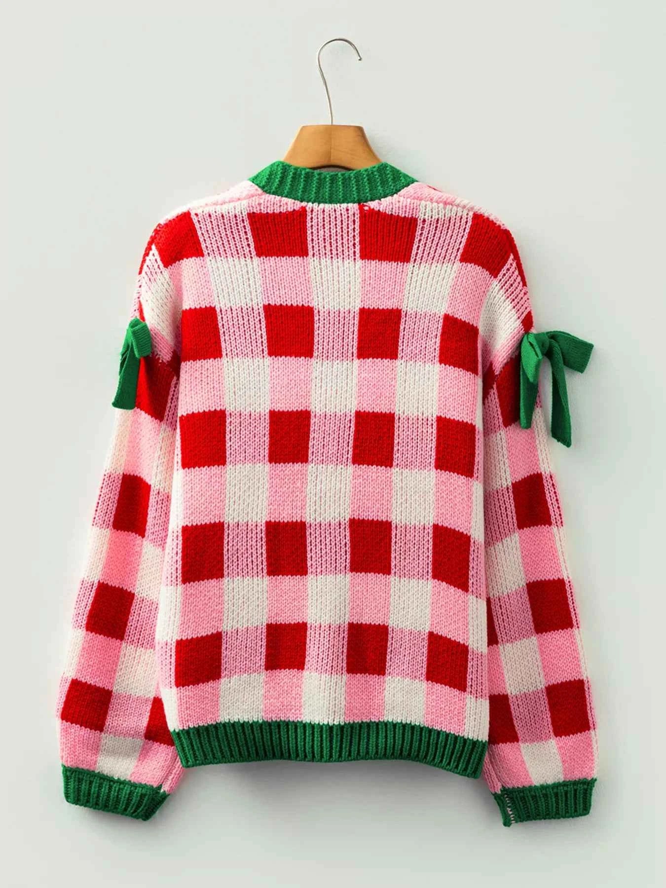 Checkered Bow-Tie Sleeve Knit Christmas Cardigan