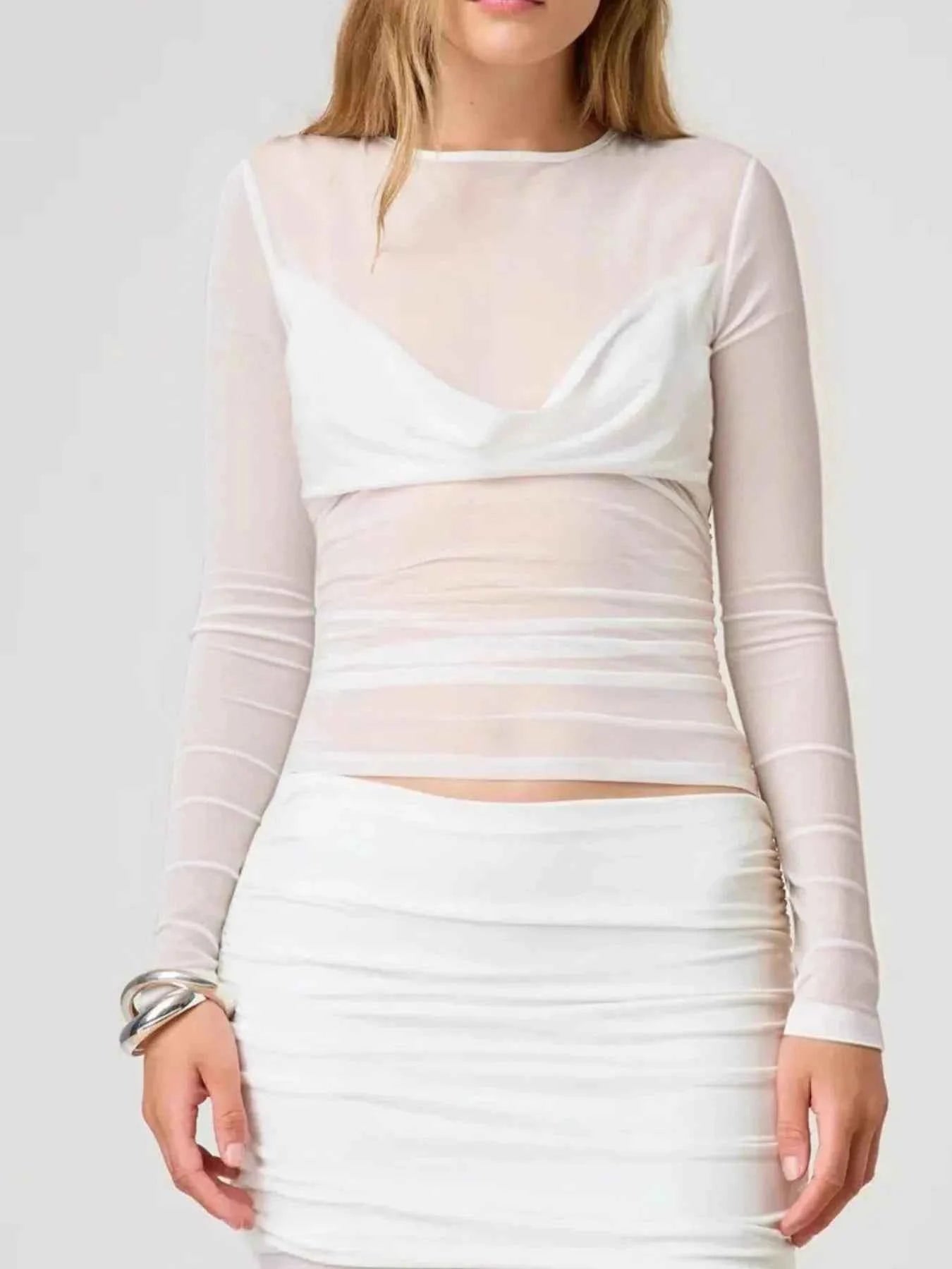 Ruched Mesh Long Sleeve Top