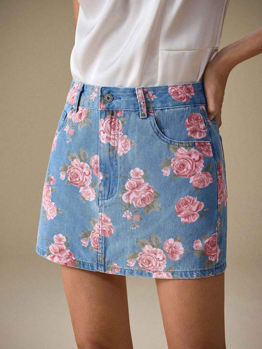 Floral Print Denim Skirt