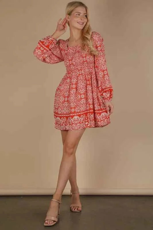 VERY J Printed Smocked Chest Boho Mini Dress