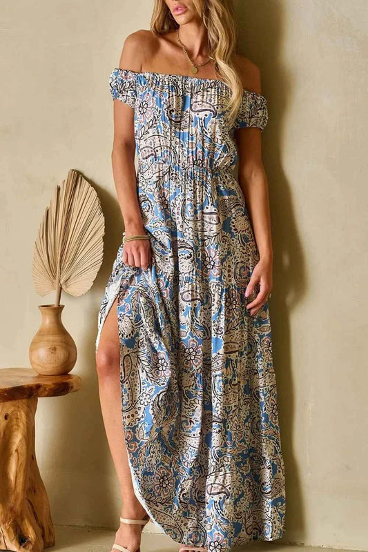 Boho Paisley Print Off Shoulder Maxi Dress