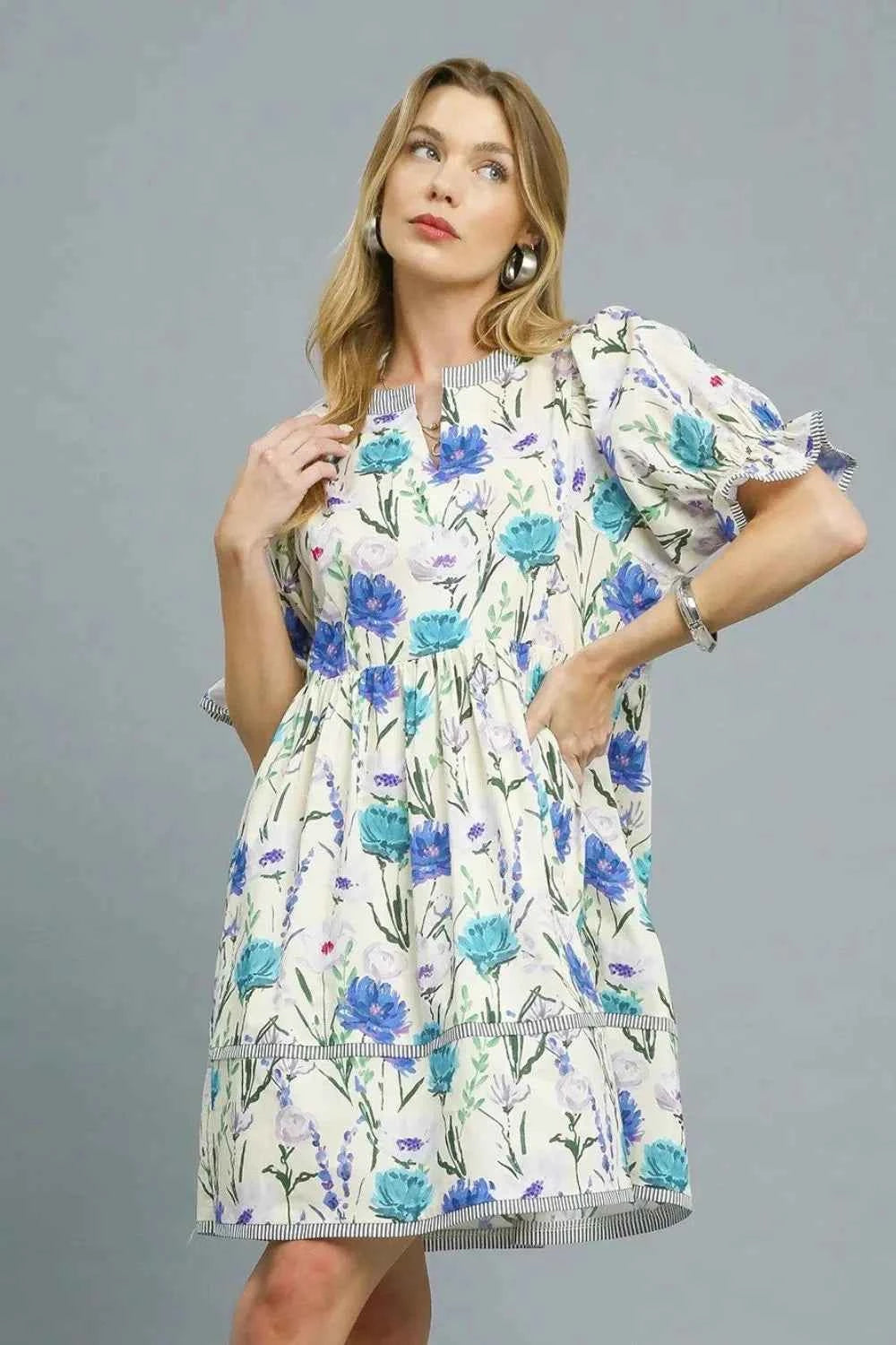 Umgee BabyDoll Floral Striped Hem Mini Dress