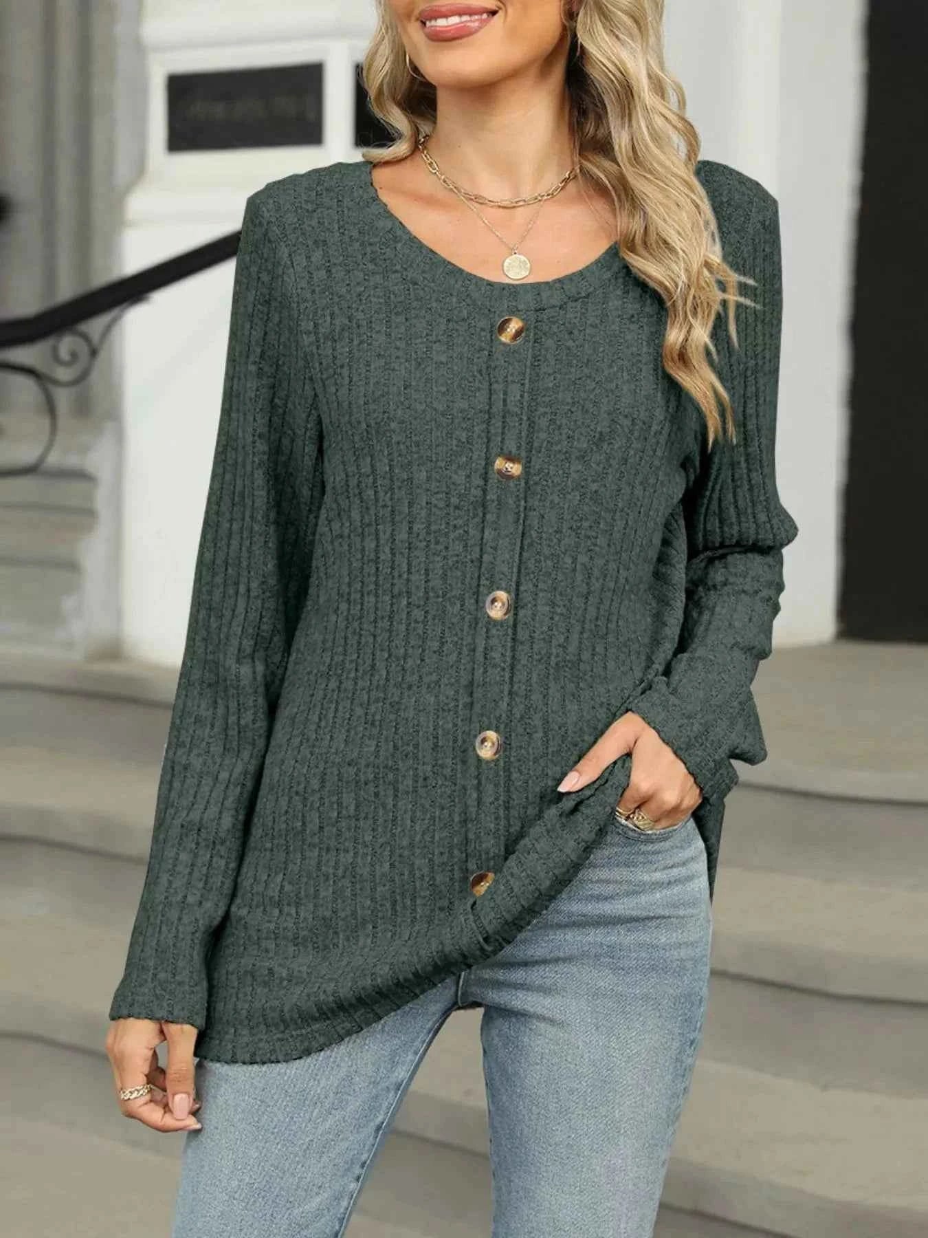 Ribbed Round Neck Long Sleeve Top