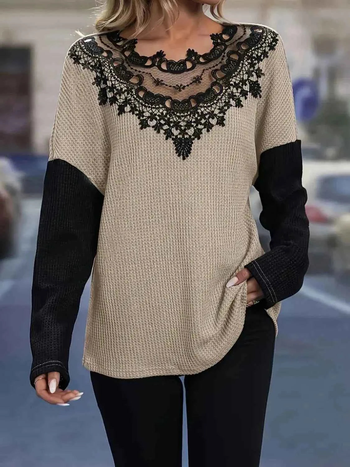 Contrast Lace Round Neck Long Sleeve T-Shirt