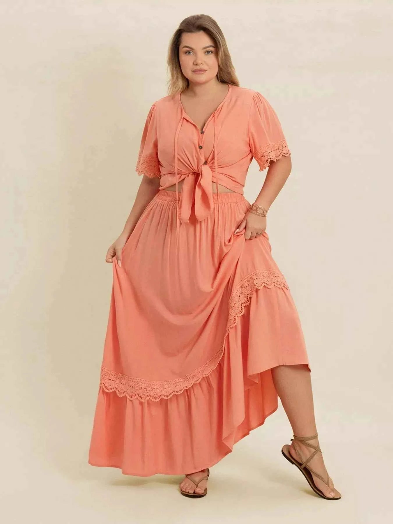 Plus Size Lace Detail Tie Neck Top and Skirt Set