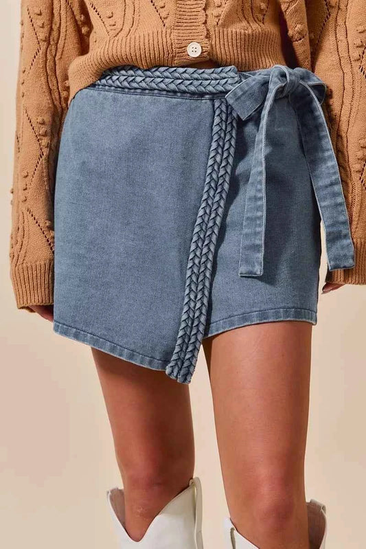 SO ME Wrap Braided Trimmed Denim Skort