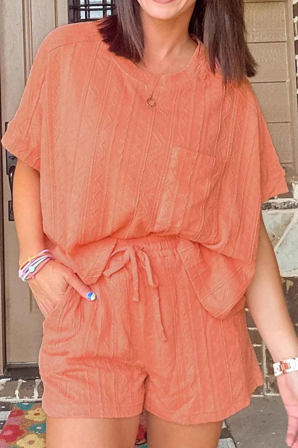 Texture Short Sleeve Top and Shorts Set