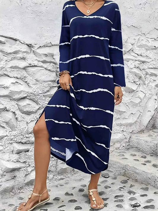 Striped V-Neck Long Sleeve Dress