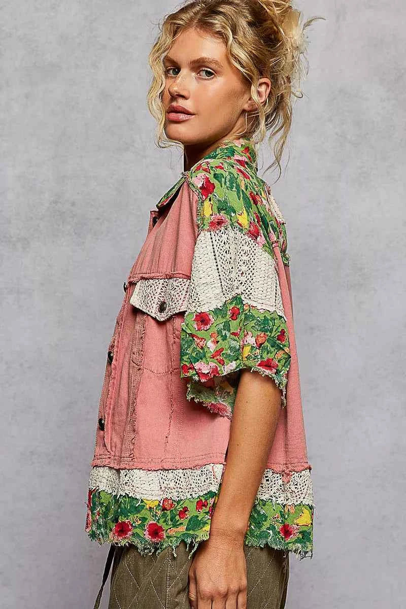 POL Lace Patch Floral Half Sleeve Shacket