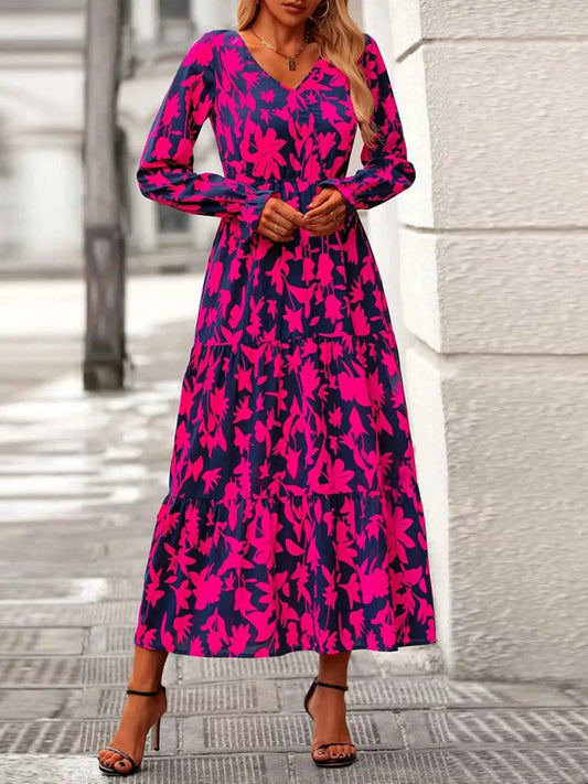 Printed V-Neck Flounce Sleeve Tiered Midi Dress
