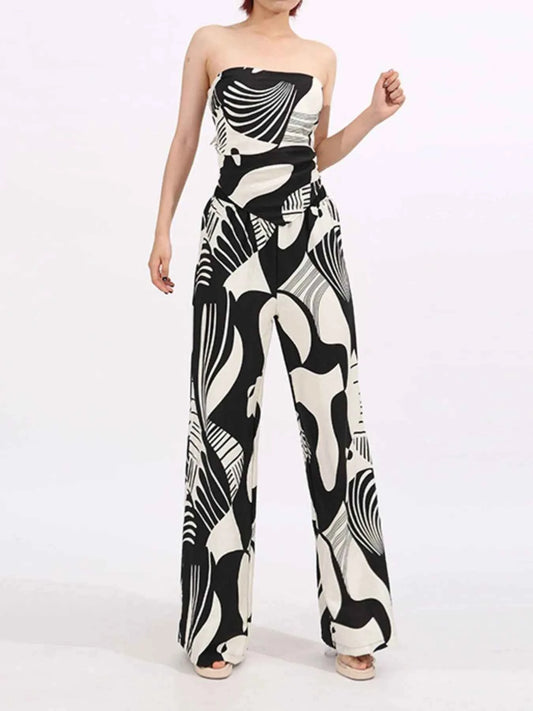 Abstract Print Tube Top and Wide Leg Pants Two-Piece Set