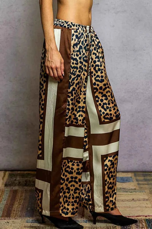 POL Leopard Printed Woven Wide Leg Drawstring Pants