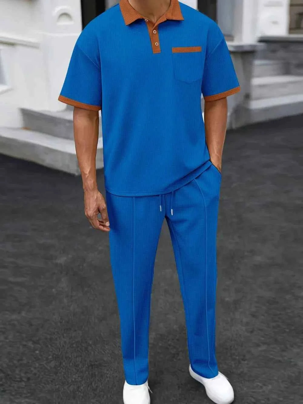 Men's Full Size Waffle-Knit Contrast Polo and Pants Set Plus Size