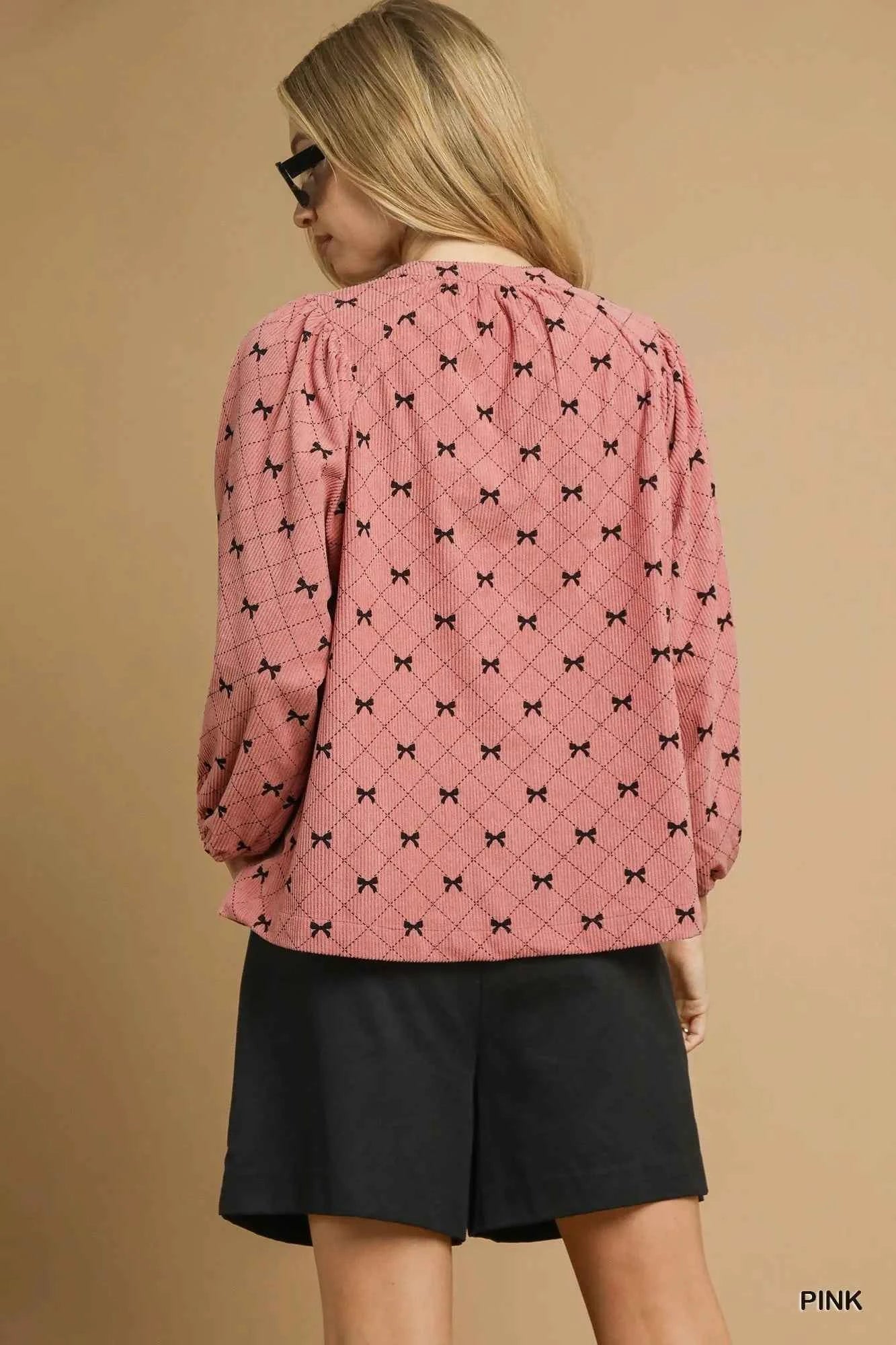 Umgee Corduroy Bow Print Balloon Sleeve Blouse