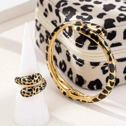 18K Gold-Plated Leopard Bypass Ring and Bracelet Jewelry Set