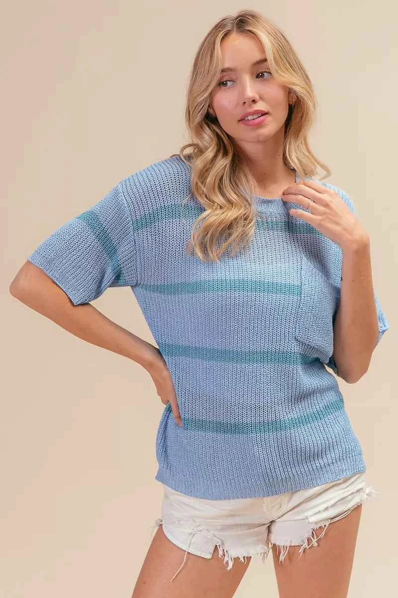 BiBi Patch Pocket Striped Lightweight Sweater Top