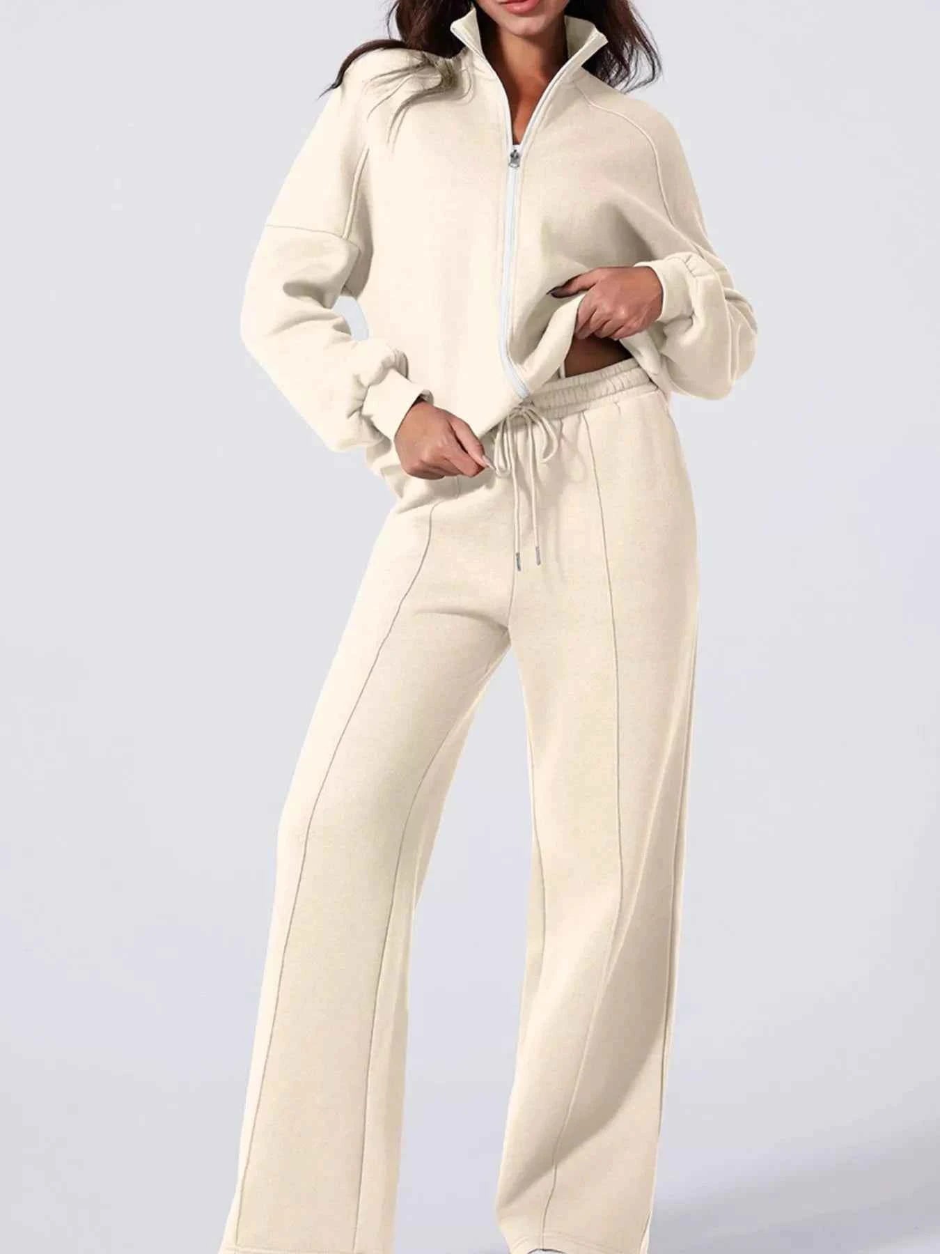 Drop Shoulder Zip Up Jacket and Drawstring Pants Active 2pcs Set