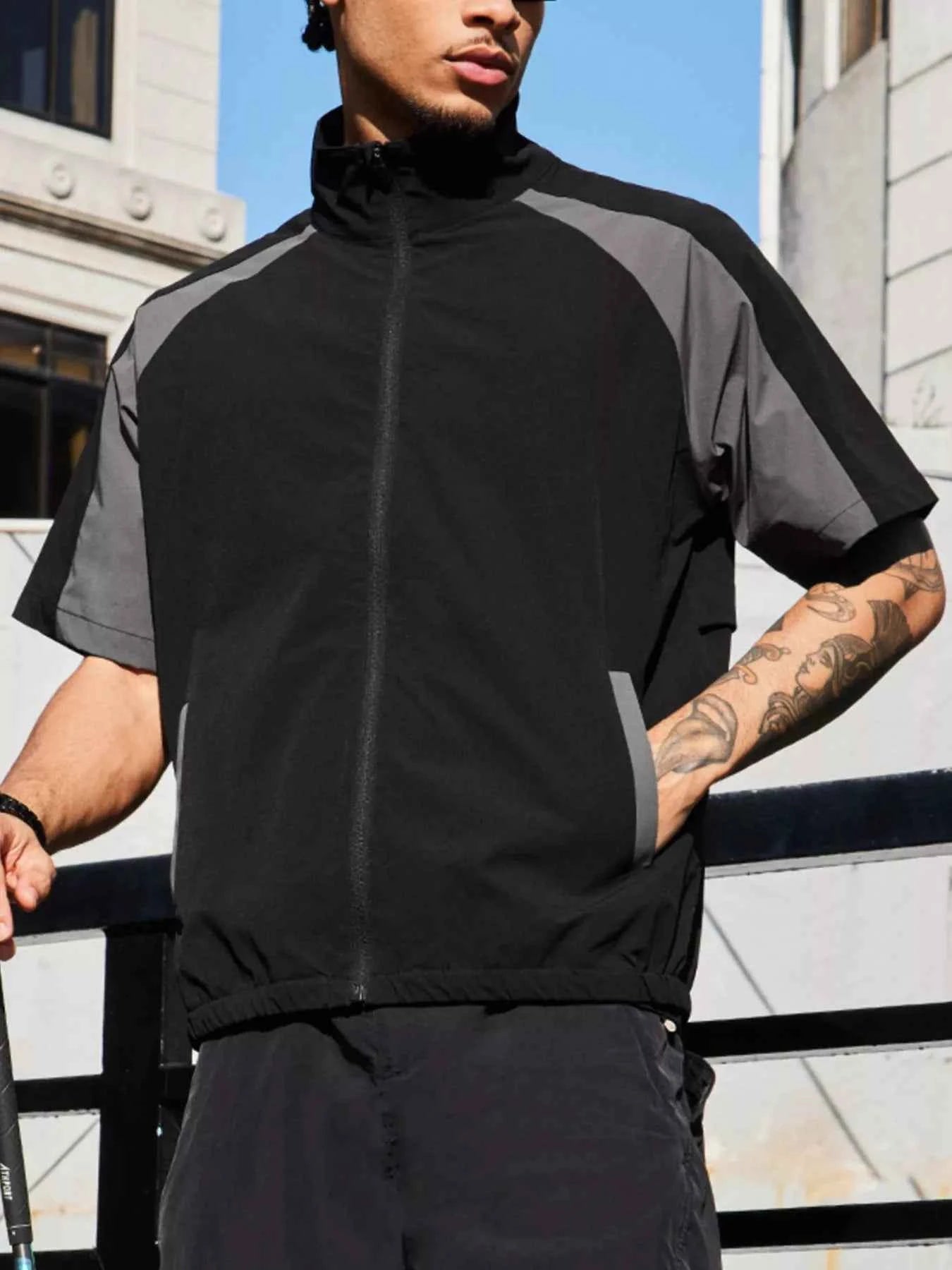 Men's Color Block Zip Up Short Sleeve Jacket