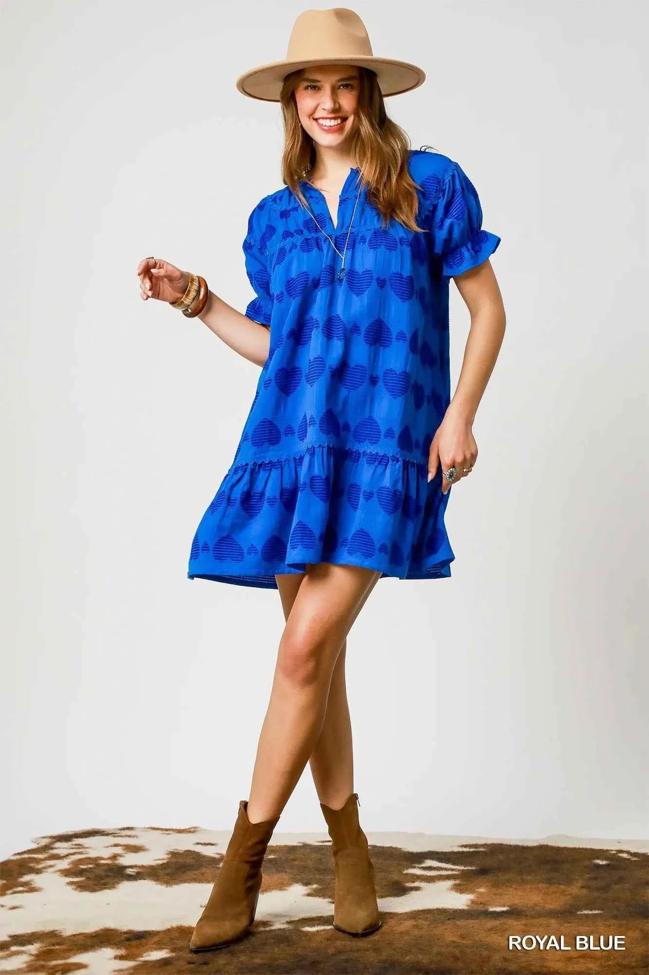 Umgee Heart Pattern Short Sleeve Ruffle Babydoll Dress