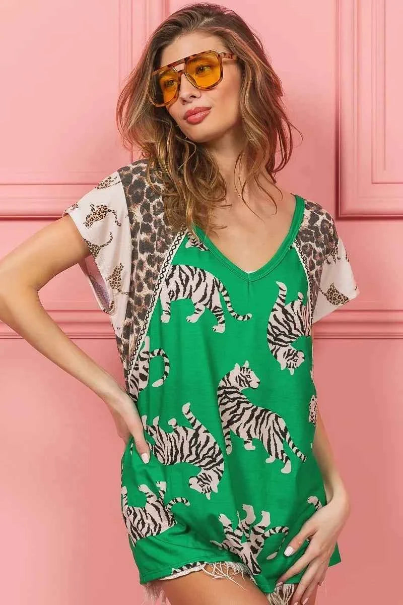 BiBi Tiger Printed Jersey Block T-Shirt with Aztec Trim