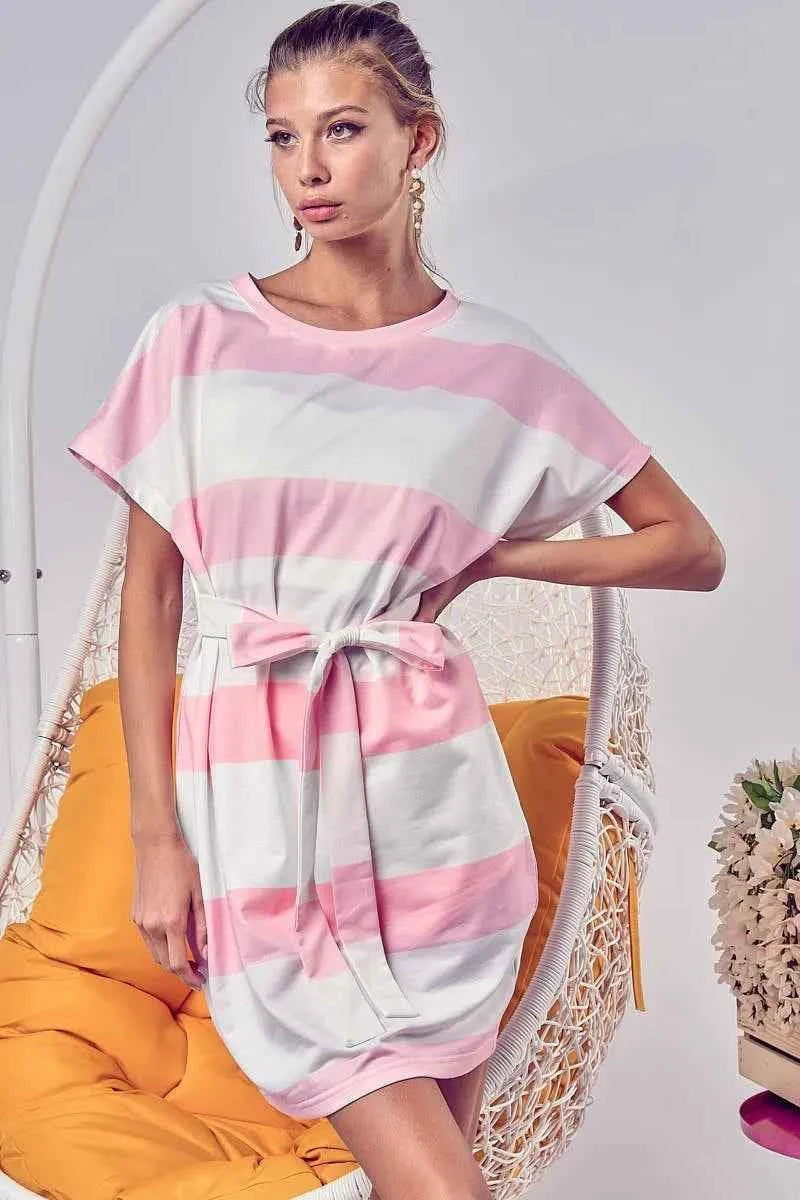 BiBi Tie Front Striped Short Sleeve Dress