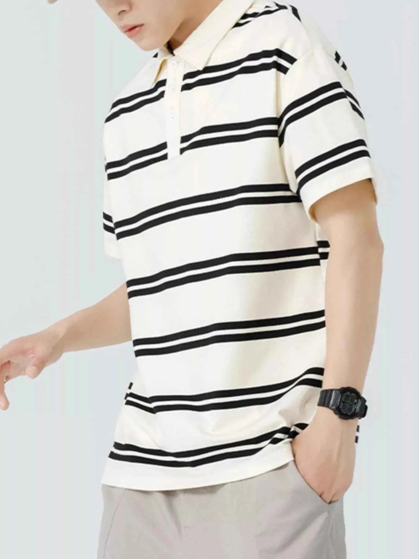 Men's Plus Size Striped Button Detail Short Sleeve Polo