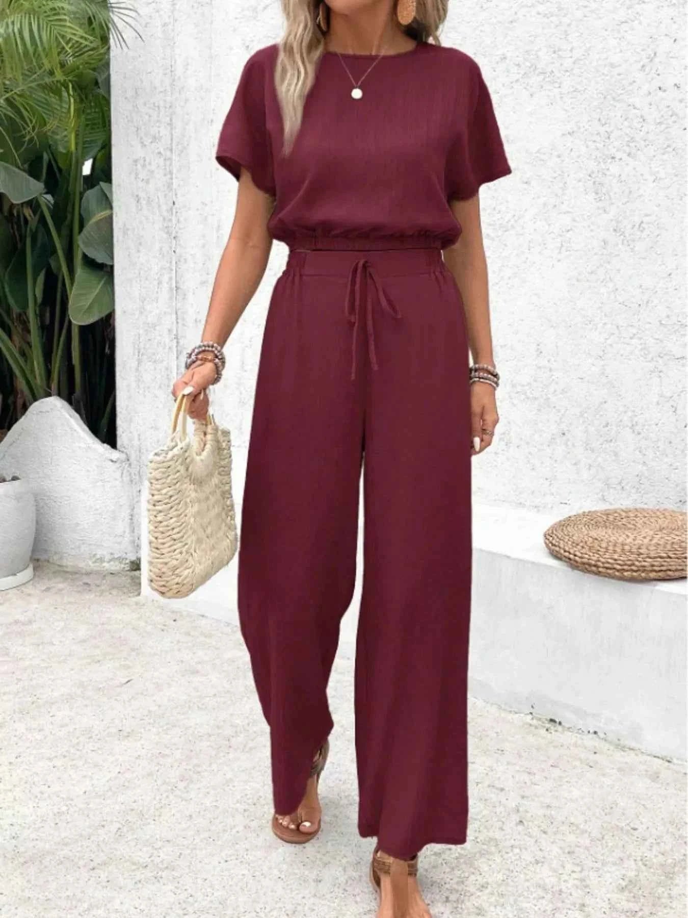 Round Neck Short Sleeve Top and Pants Set
