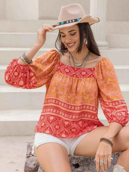Printed Square Neck Balloon Sleeve Blouse