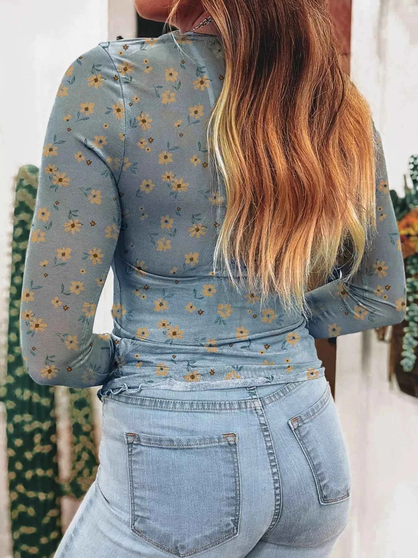 Floral Print Long Sleeve Mesh Blouse