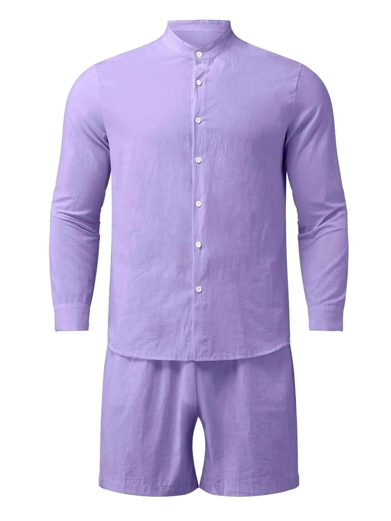 Men's Full Size Button Up Long Sleeve Shirt and Shorts Set Plus Size