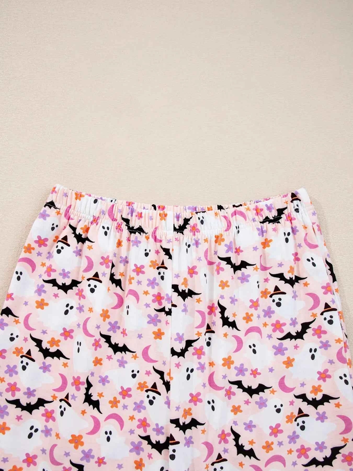 Halloween Ghost Print Button Up Top and Pants Lounge Set