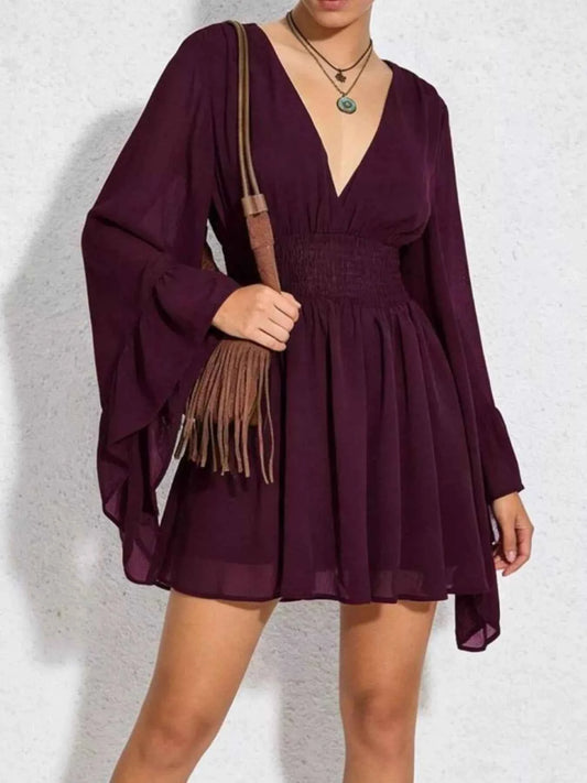 V-Neck Flowy Long Sleeve Mini Dress