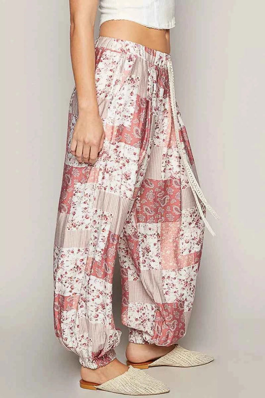 POL Drawstring Floral Patchwork Wide leg Pants