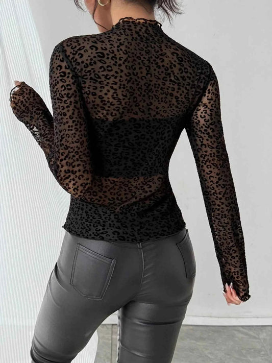 Leopard Print Mesh Long Sleeve T-Shirt
