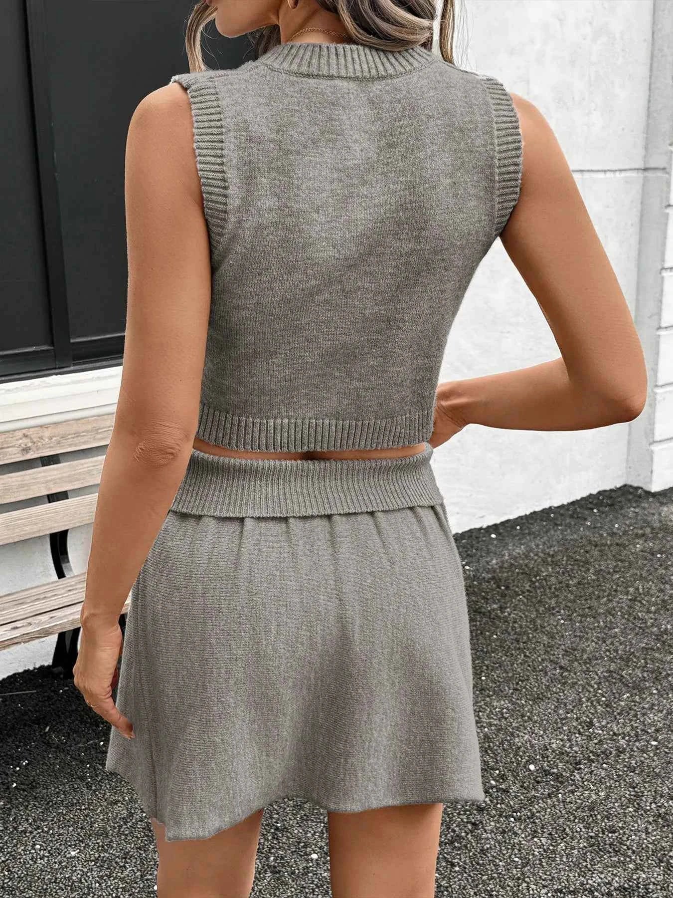 V-Neck Vest and Skirt Knit Set