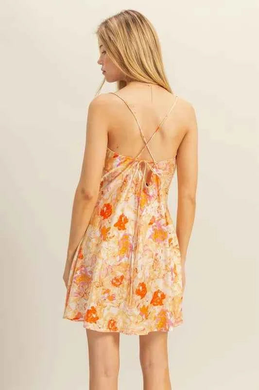 HYFVE Floral Cowl Neck Flirty Satin Mini Dress
