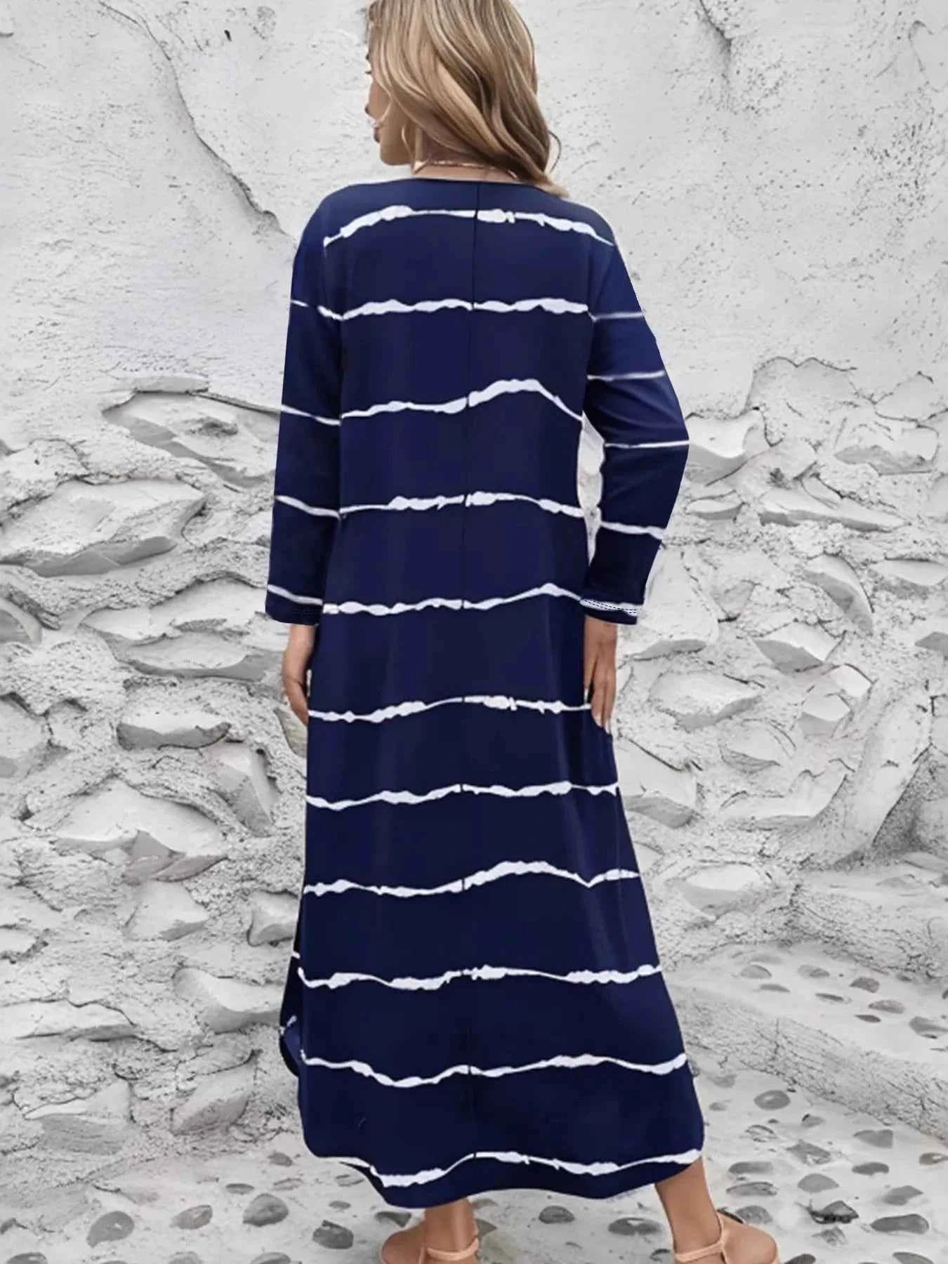 Striped V-Neck Long Sleeve Dress