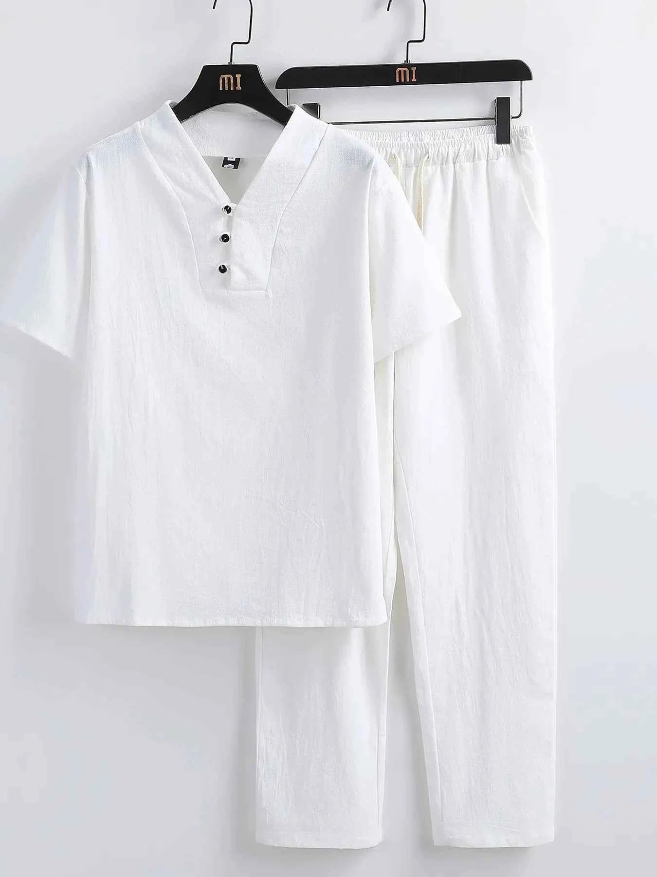Men's Plus Size V-Neck Short Sleeve Top and Pants Set