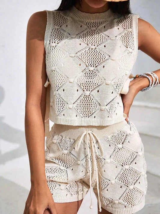 Diamond Pattern Sleeveless Top and Shorts Knit Set