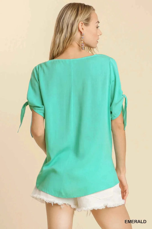 Umgee Cold Shoulder Short Sleeve Round Neck Top with Side Slits and Tie-able Knot Details