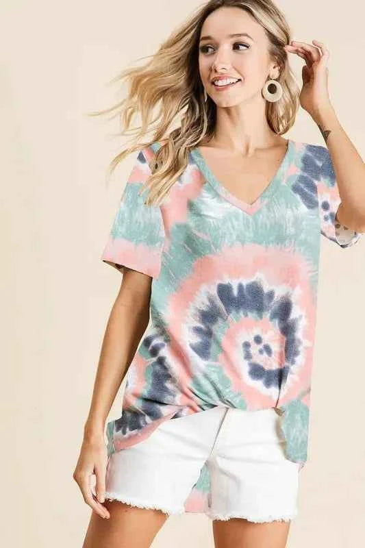BiBi Tie Dye Print Terry V Neck Short Sleeve Top