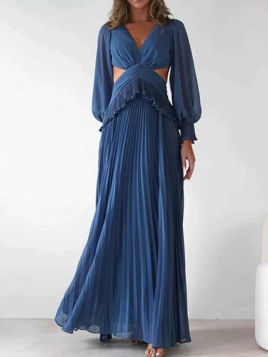 Backless Pleated Long Sleeve Maxi Dress