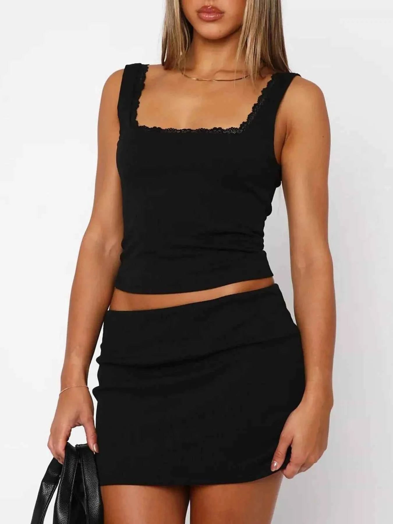Lace Detail Square Neck Tank and Skirt Set