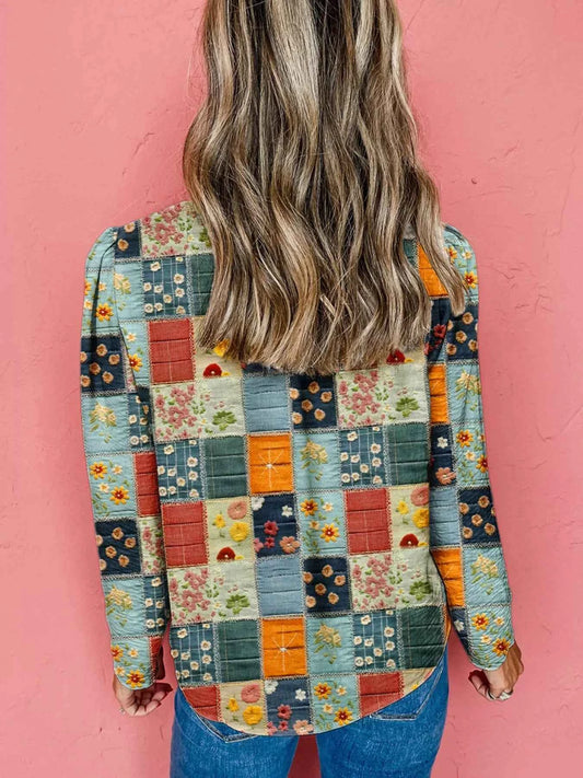 Floral Half Placket Notched Blouse