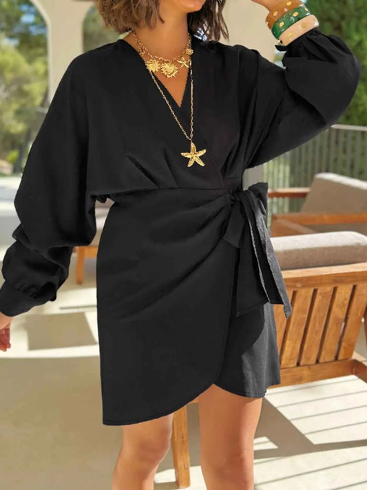 Plus Size Surplice Long Sleeve Wrap Mini Dress