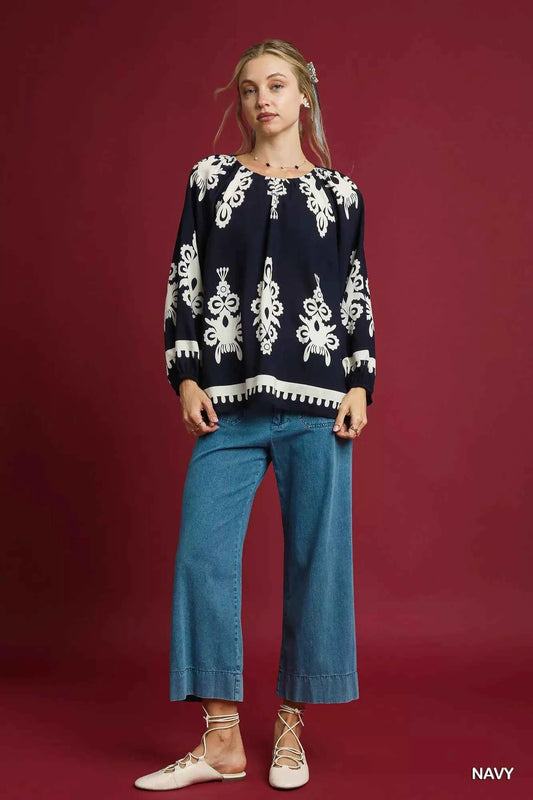 Umgee Two Tone Border Print Top with Balloon Sleeves