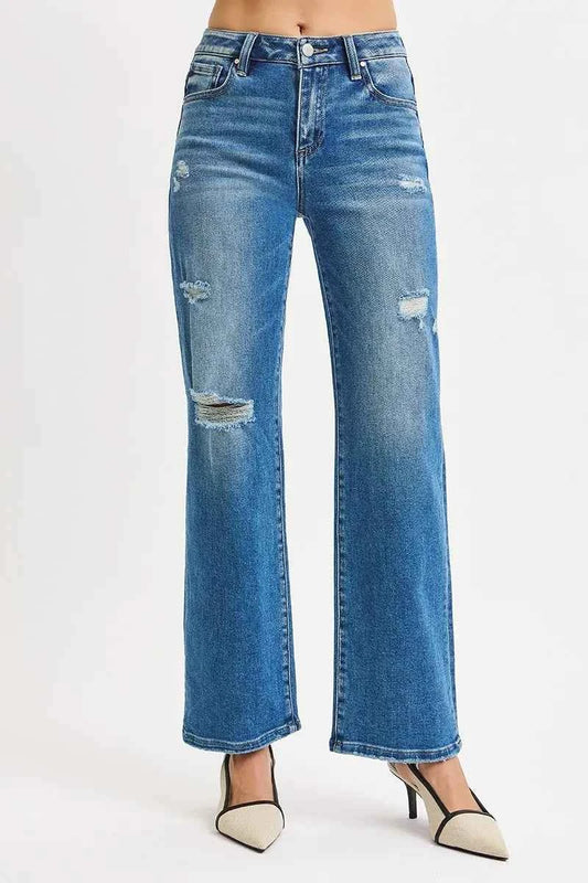 RISEN Full Size High Rise Ankle Straight Front Body Distressed Jeans Plus Size