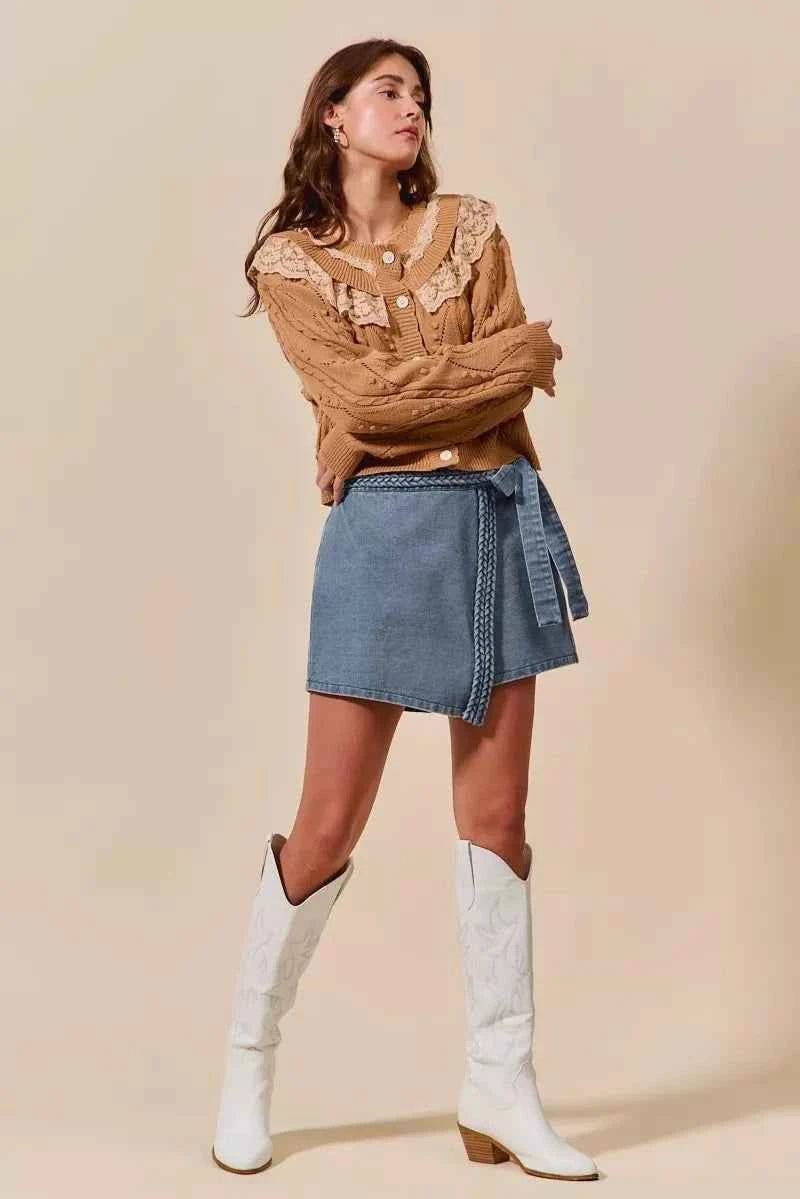 SO ME Wrap Braided Trimmed Denim Skort